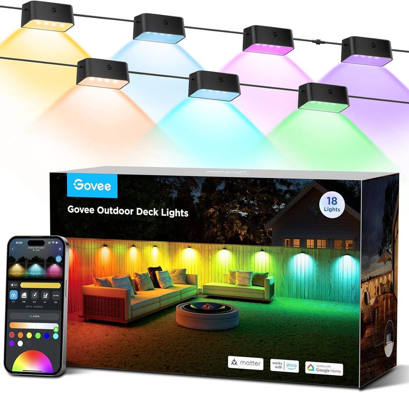 Govee Outdoor Deck Lights, Smart WiFi Outdoor Lights Work with Alexa, Google, Matter, App Control, IP65 Waterproof, Color Changing Fence Lights for Fence, Patio Decoration, Wired 18 Packs (112ft) - Image 1